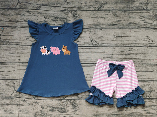 Baby Girls Clothes Blue Farm Animals Shirt Stripes Shorts Sets Preorder GSSO2110