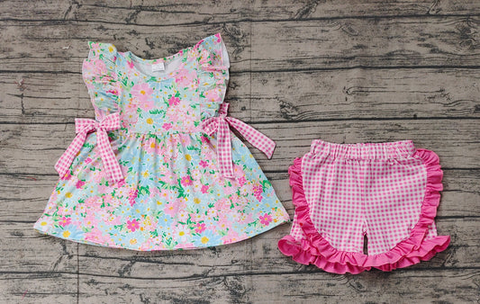 Baby Girls Clothes Blue Pink Flowers Bows Tunic Ruffle Shorts Clothes Sets Preorder GSSO2111