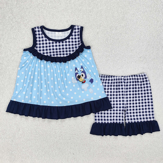 Baby Girls Clothes Blue Dots Dogs Tunic Ruffle Shorts Clothes Sets GSSO2124