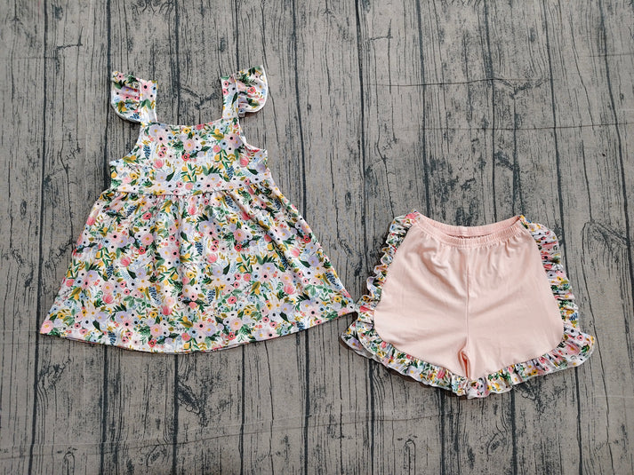 Baby Girls Pink Flowers Tunic Top Ruffle Shorts Clothes Sets Preorder GSSO2180