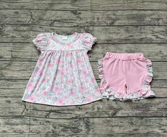 Baby Girls Clothes Pink Flowers Leaves Tunic Top Ruffle Shorts Clothes Sets Preorder GSSO2194