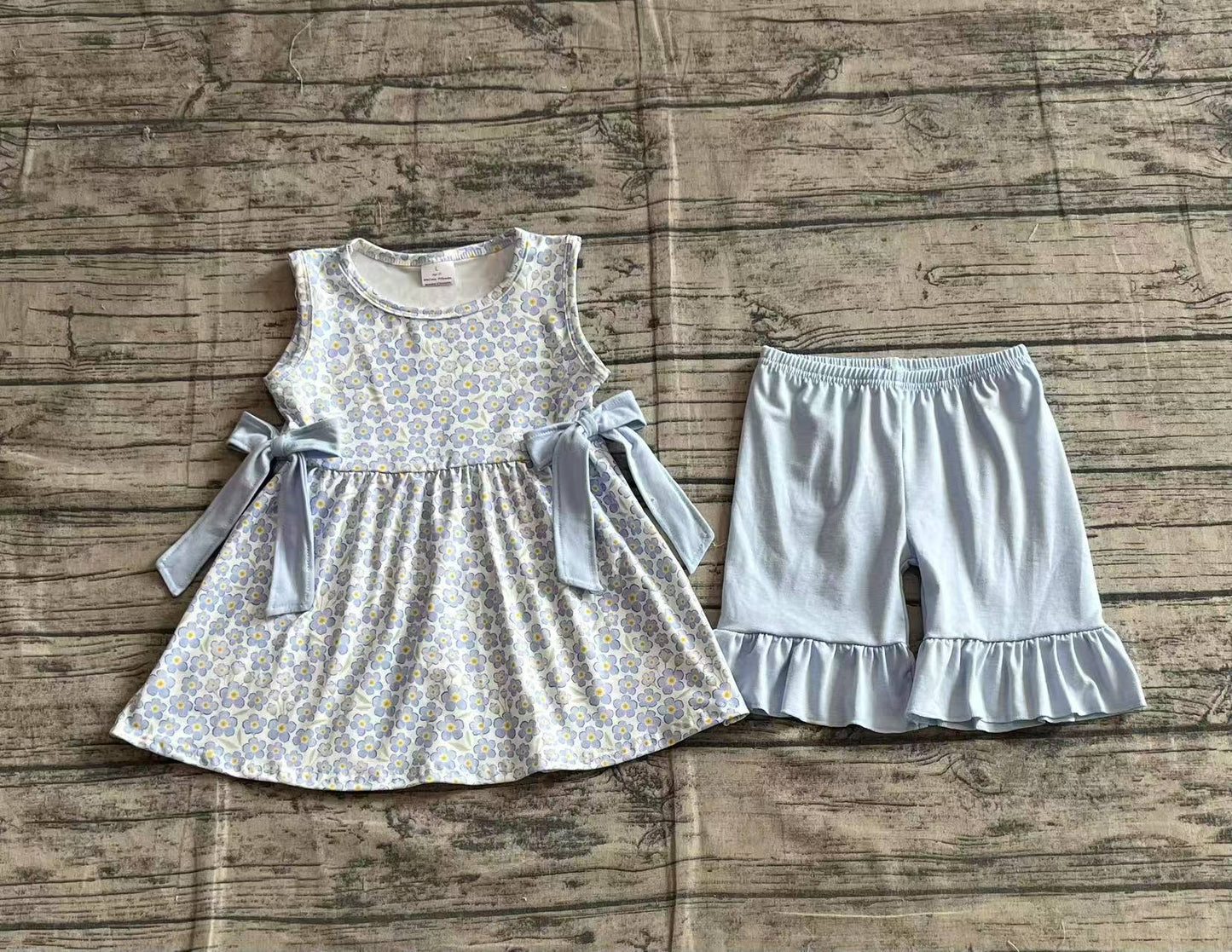 Baby Girls Clothes Blue Flowers Bows Tunic Top Ruffle Shorts Clothes Sets Preorder GSSO2204 3.21