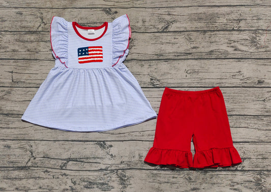 Baby Girls Clothes Blue Checkered Flag Tunic Top Ruffle Shorts Sets preorder GSSO2238 3.17