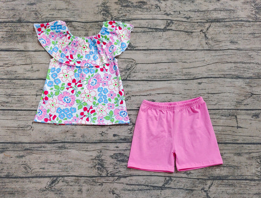 Baby Girls Clothes Pink Flowers Ruffle Tunic Tops Shorts Clothes Sets preorder GSSO2277 3.26