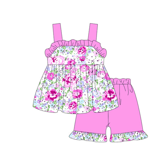 Baby Girls Clothes Pink Strap Floral Tunic Ruffle Short Clothes Set Preorder GSSO2326