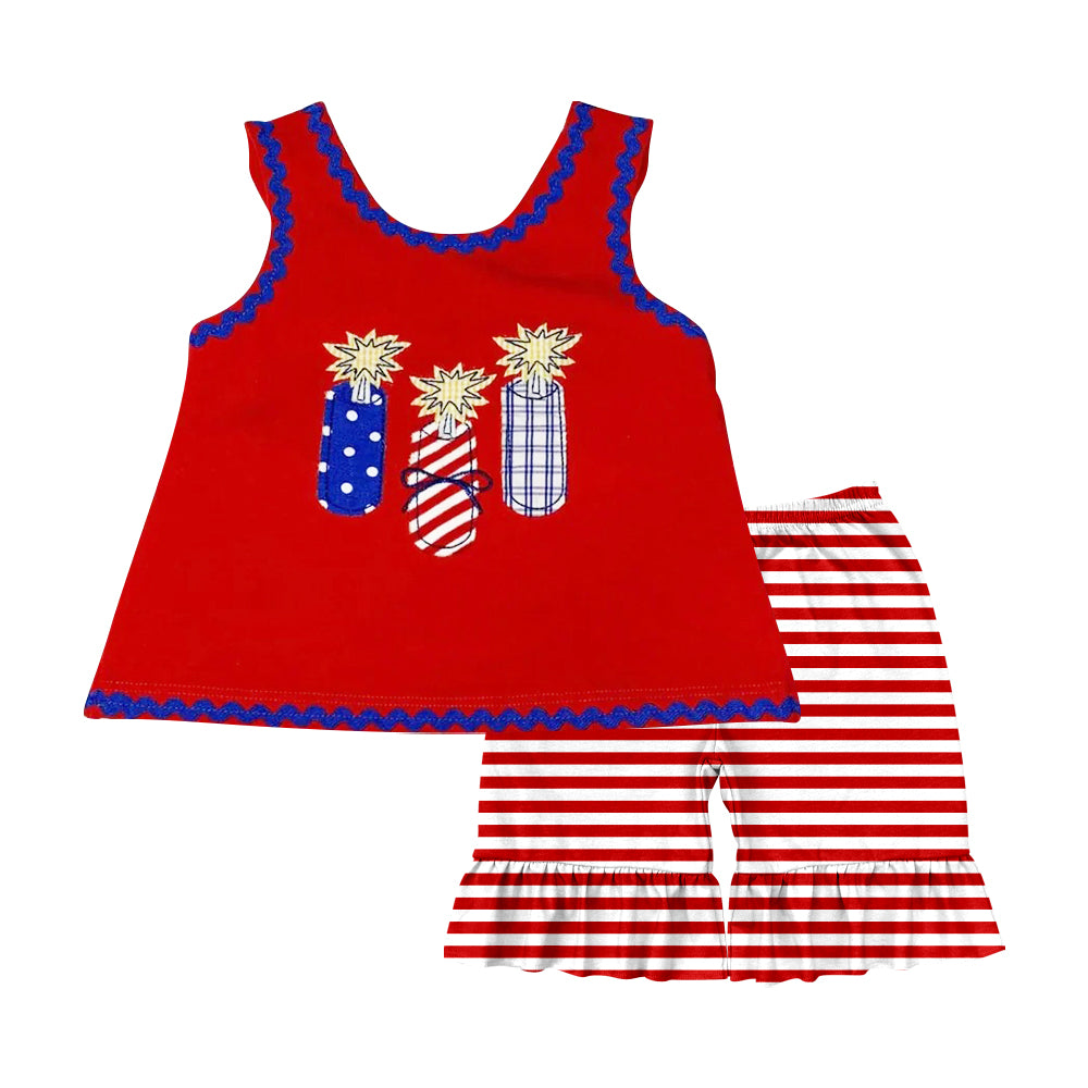 Baby Girls Clothes Red Sleeveless Fireworks Tunic Stripe Ruffle Short 4th Of July Set Preorder GSSO2330 3.3