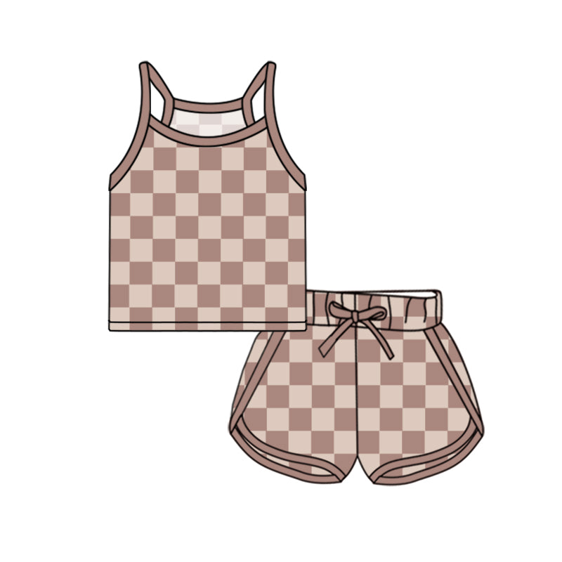 Baby Girls Clothes Brown Strap Plaid Top Short Sport Set Preorder GSSO2335 3.4