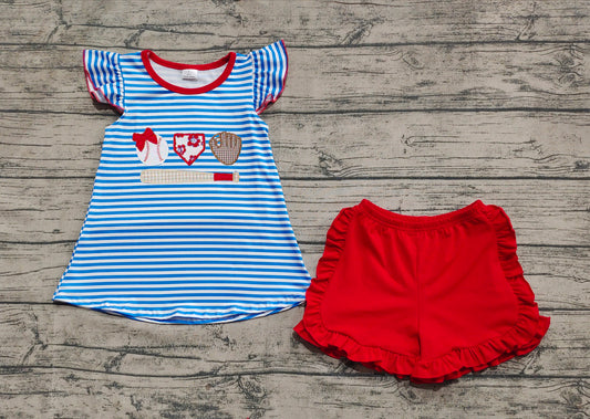 Embroidery Baby Girls Clothes Blue Stripe Flutter Sleeves Baseballs Tunic Red Ruffle Short Set preorder GSSO2348 3.12