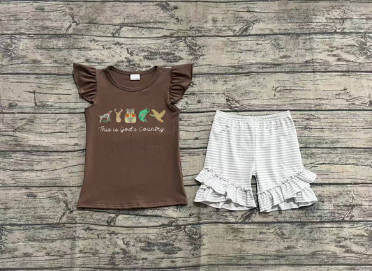 Embroidery Baby Girls Clothes Brown Gods Country Top Ruffle Stripe Shorts Sets preorder GSSO2353 3.28