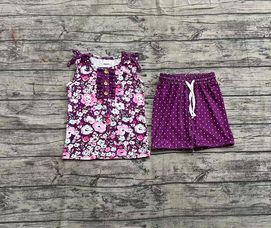 Baby Girls Clothes Purple Sleeveless Floral Button Top Polka Dots Shorts Set preorder GSSO2358 3.22