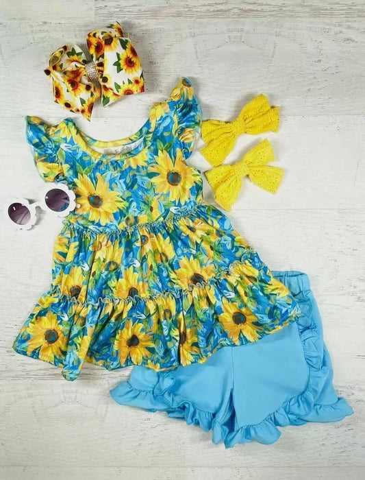 Baby Girls Clothes Blue Flutter Sleeves Sunflowers Tunic Ruffle Short Set Preorder GSSO2361 3.5