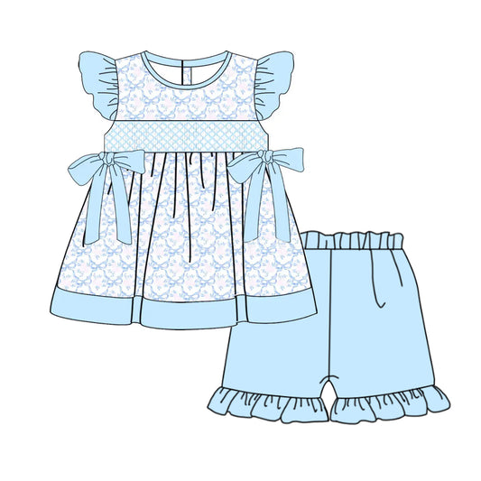 Baby Girls Clothes Blue Flutter Sleeves Floral Bows Tunic Ruffle Short Set Preorder GSSO2367 3.5