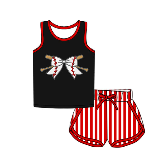 Baby Girls Clothes Black Sleeveless Bow Baseball Top Red Stripe Shorts Sport Set Preorder GSSO2370 3.4