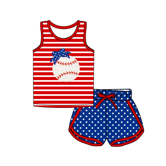 Baby Girls Clothes Red Stripe Sleeveless Bow Baseball Top Blue Polka Dots Shorts 4th Of July Sport Set Preorder GSSO2371 3.5