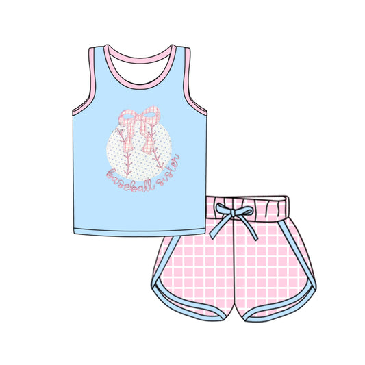Baby Girls Blue Sleeveless Bow Baseball Top Pink Plaid Shorts Sport Set Preorder GSSO2372 3.5
