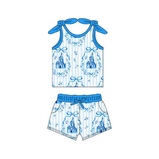 Baby Girls Clothes Blue Strap Bows Castle Top Pockets Short Set Preorder GSSO2377 3.5