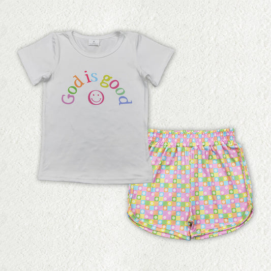 Baby Girls Clothes GOD IS GOOD Top Plaid Flowers Shorts Sets GSSO2386 4.10