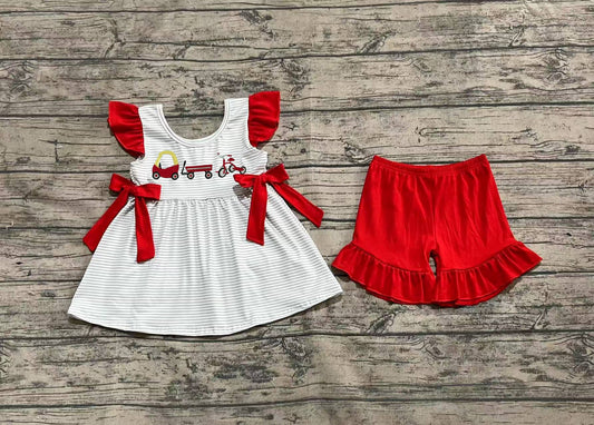 Baby Girls Clothes Embroidery Red Flutter Sleeves Bows Tunic Red Ruffle Short Set Preorder GSSO2404 3.13