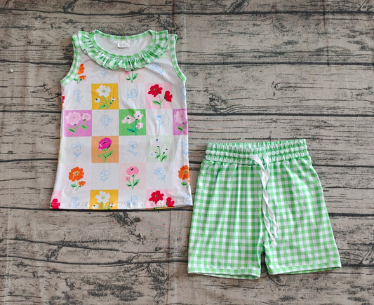 Baby Girls Clothes Green Plaid Sleeveless Floral Top Short Set Preorder GSSO2415 3.21