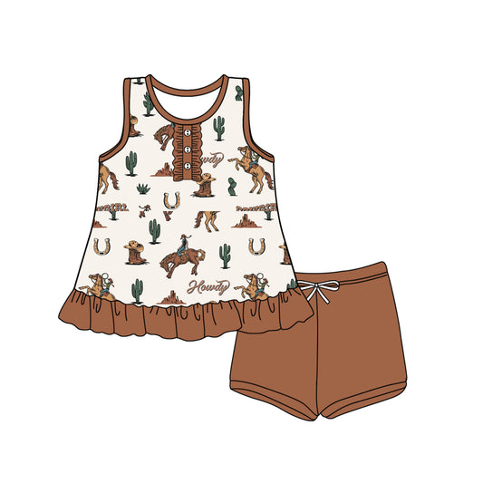 Baby Girls Clothes Brown Sleeveless Button Horse Rodeos Cactus Tunic Short Set Preorder GSSO2448