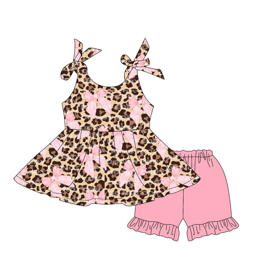 Baby Girls Clothes Strap Leopard Bows Tunic Pink Ruffle Short Set Preorder GSSO2451 3.15