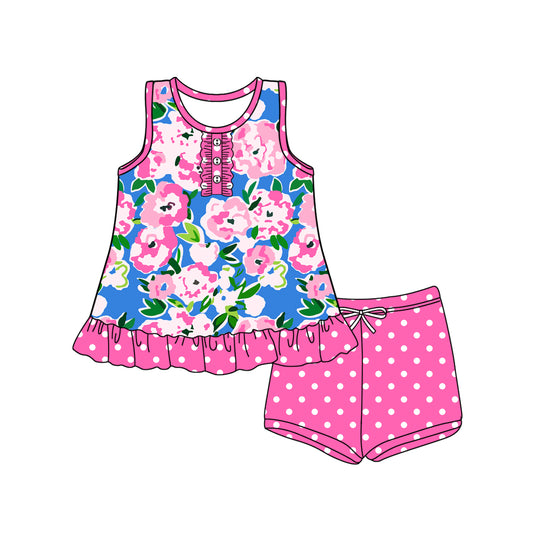 Baby Girls Clothes Hot Pink Sleeveless Button Watercolor Floral Tunic Polka Dots Short Set Preorder GSSO2453 3.17