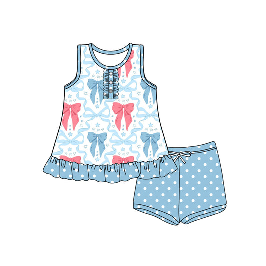 Baby Girls Clothes Blue Sleeveless Button Bows Stars Tunic Polka Dots Short Set Preorder GSSO2454 3.17