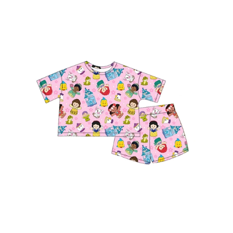 Baby Girls Clothes Pink Short Sleeves Cartoon Dolls Flowers Top Short Pajamas Set Preorder GSSO2455 3.17