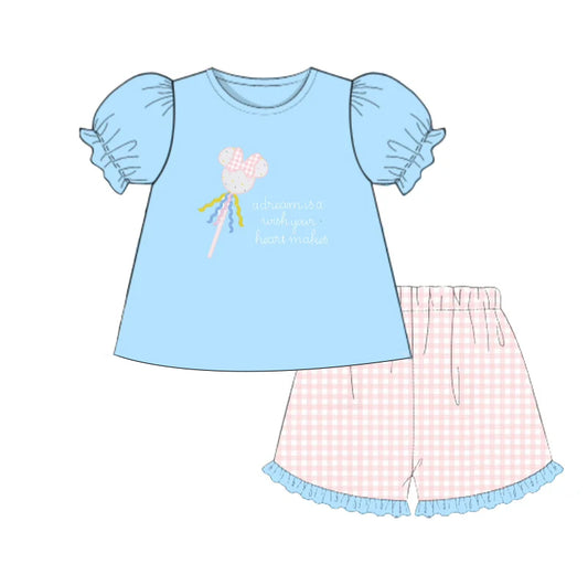 Baby Girls Clothes Blue Short Ruffle Sleeves Cartoon Mouse Candy Tunic Plaid Short Set Preorder GSSO2457 3.15
