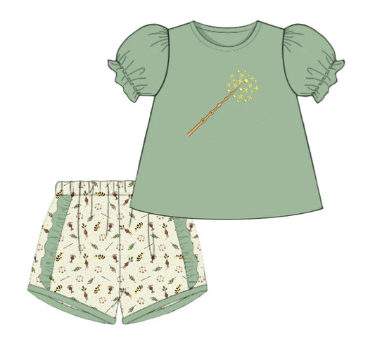 Baby Girls Clothes Green Short Ruffle Sleeves Magic Stick Tunic Short Set Preorder GSSO2458 3.15