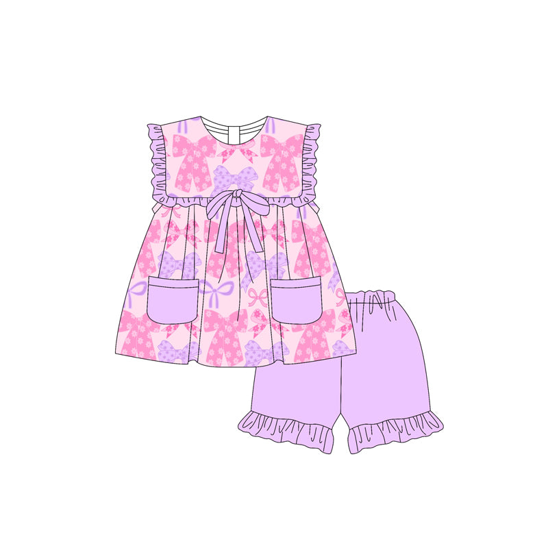Baby Girls Clothes Lavender Bows Pockets Tunic Ruffle Short Set Preorder GSSO2462 3.17