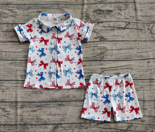 Baby Girls Pajamas Blue Red Bows Button Top Short 4th Of July Pajamas Set Preorder GSSO2484 5.1