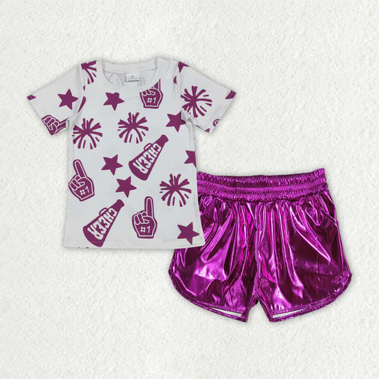 Baby Girls Clothes Cheer Hot Pink Team Tops Leather Shorts Clothes Sets GSSO2515 7.31