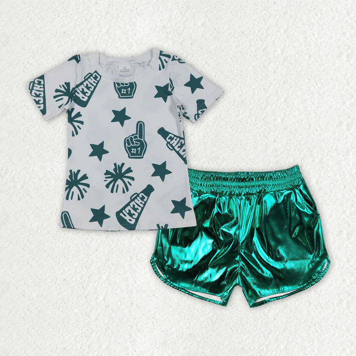 Baby Girls Clothes Cheer Green Team Tops Leather Shorts Clothes Sets GSSO2517 7.31
