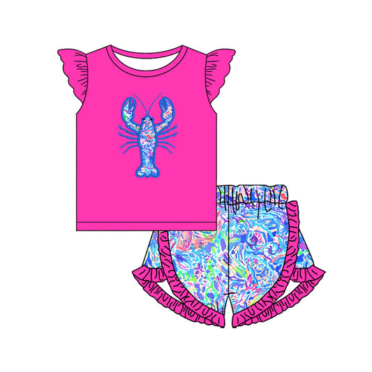 Baby Girls Clothes Hot Pink Floral Crayfish Top Ruffle Shorts Sets Preorder GSSO2534 3.28