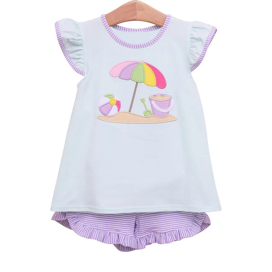 Baby Girls Clothes Flutter Sleeves Beach Tunic Tops Lavender Stripe Ruffle Shorts Set Preorder GSSO2553 4.4