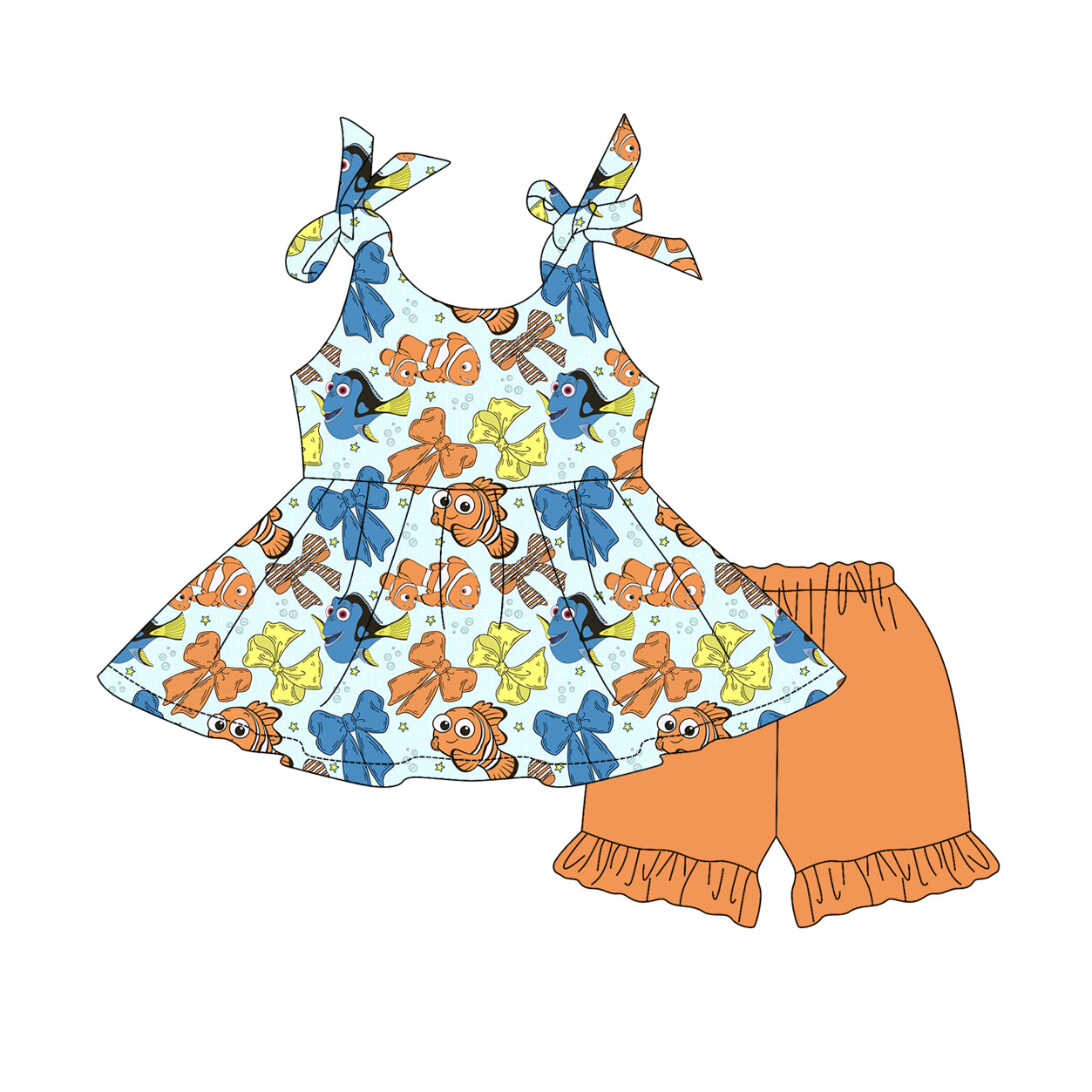 Baby Girls Clothes Strap Colorful Cartoon Fishes Bows Tunic Ruffle Shorts Sets Preorder GSSO2556 4.7