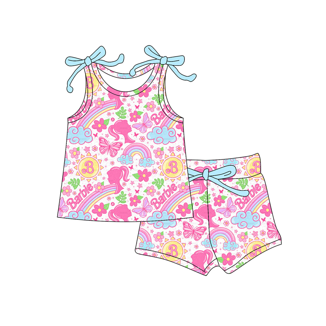 Baby Girls Clothes Bows Sleeveless Cartoon Dolls Flowers Top Short Set Preorder GSSO2557 4.7