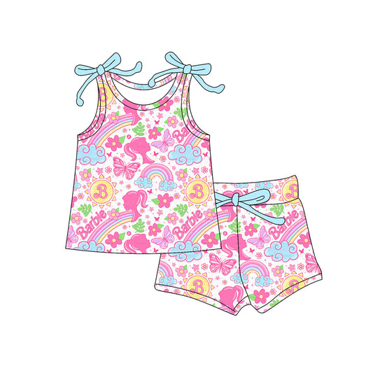 Baby Girls Clothes Bows Sleeveless Cartoon Dolls Flowers Top Short Set Preorder GSSO2557 4.7