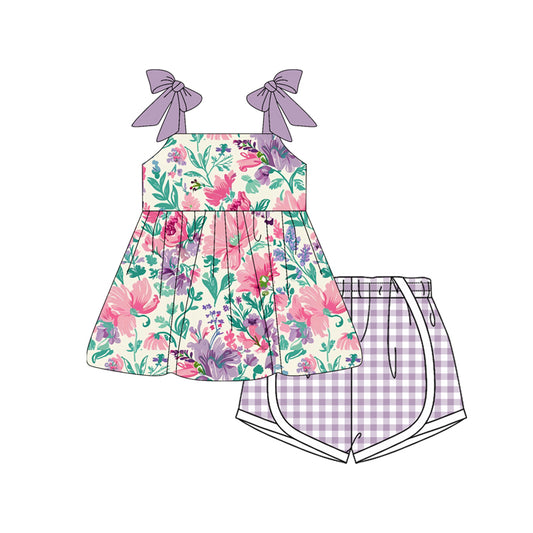 Baby Girls Clothes Lavender Bows Strap Floral Tunic Plaid Shorts Sets Preorder GSSO2558 4.7