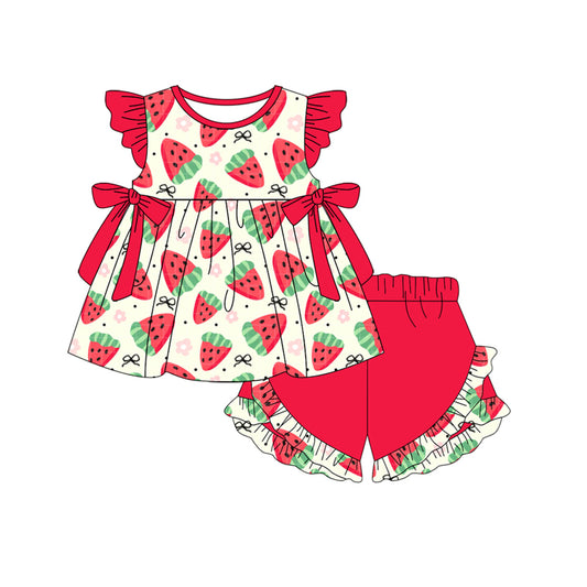 Baby Girls Clothes Red Flutter Sleeves Bows Strawberry Tunic Ruffle Shorts Sets Preorder GSSO2559 4.7