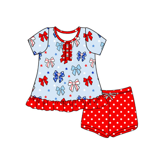 Baby Girls Clothes Button Blue Red Bows Stars Tunic Polka Dots Shorts 4th Of July Set Preorder GSSO2566 4.3