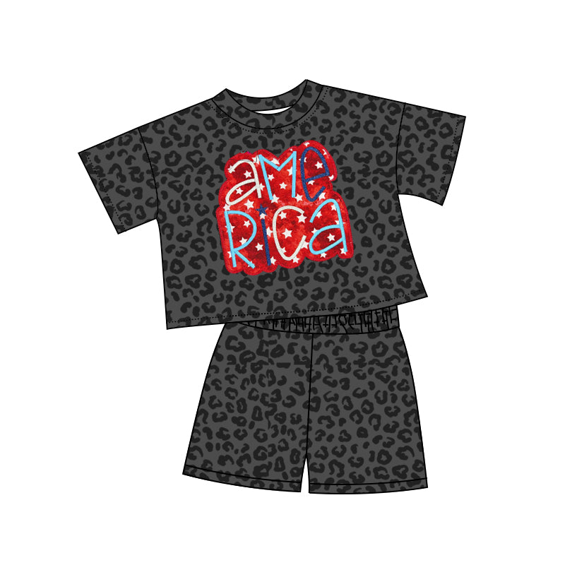 Baby Girls Clothes Black Leopard American Stars Top Short 4th Of July Pajamas Sets Preorder GSSO2576 4.8