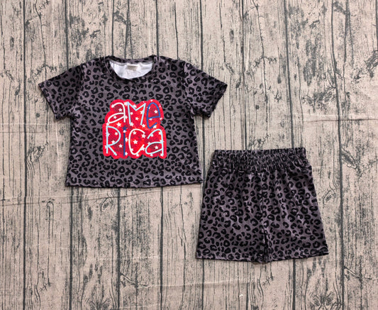 Baby Girls Black Leopard American Stars Top Short 4th Of July Pajamas Set Preorder GSSO2576