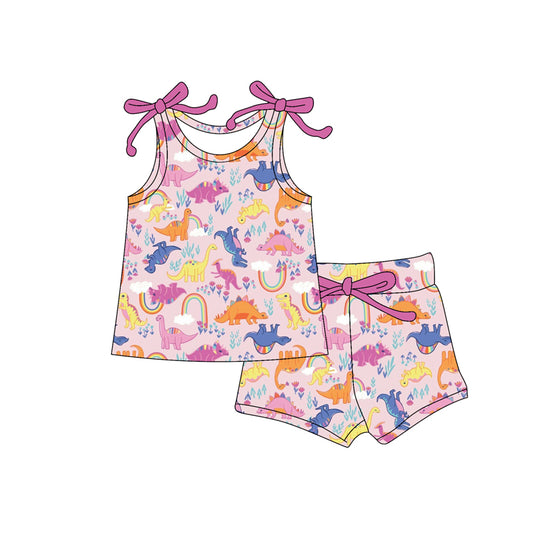 Baby Girls Clothes Pink Sleeveless Colorful Dinosaurs Top Shorts Sets Preorder GSSO2580 4.10