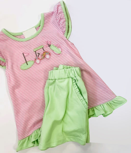 Baby Girls Clothes Pink Stripe Flutter Sleeves Golf Tunic Green Ruffle Pockets Short Set Preorder GSSO2583 4.10