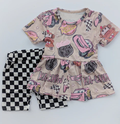 Baby Girls Clothes Short Sleeves Cartoon Cars Tunic Black Short Set Preorder GSSO2584 4.10