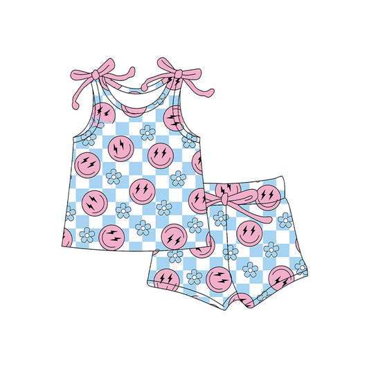Baby Girls Clothes Sleeveless Pink Blue Plaid Flowers Top Short Set Preorder GSSO2585 4.10