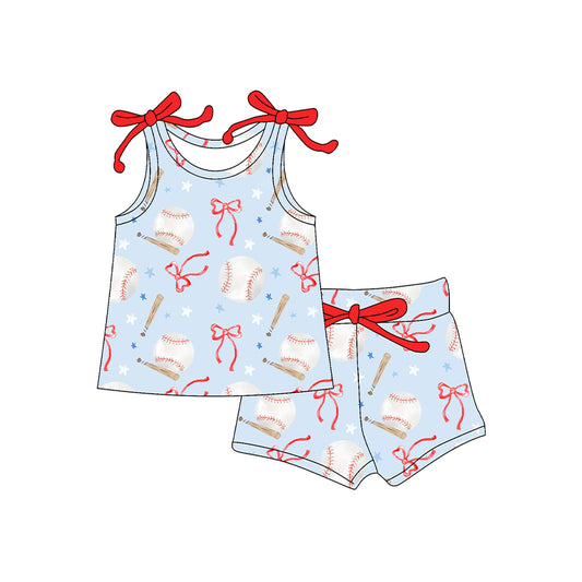 Baby Girls Clothes Sleeveless Bows Baseballs Top Shorts Sets Preorder GSSO2586 4.10