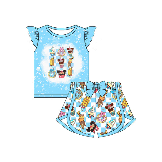 Baby Girls Clothes Blue Flutter Sleeves Cartoon Mouse Ice Cream Top Plaid Short Set Preorder GSSO2589 4.10
